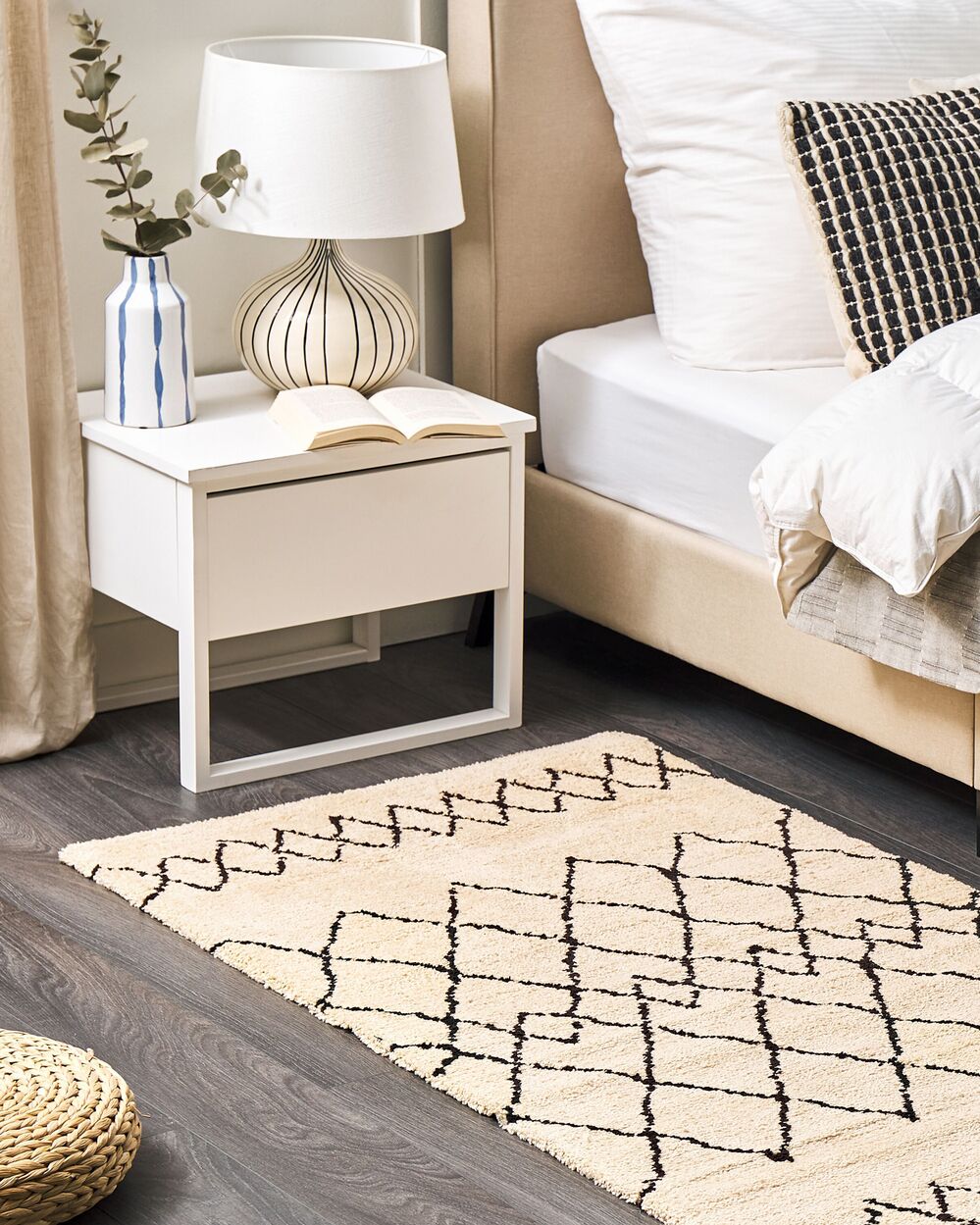 Tappeto tappetino Tappeto Tessuto Poliestere Beige e Nero Shaggy Motivo Geometrico Rettangolare 80 x 150 cm