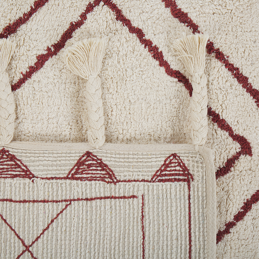 Tappeto cotone bianco sporco e rosso scuro 140 x 200 cm moderno orientale tribale nappe motivo geometrico