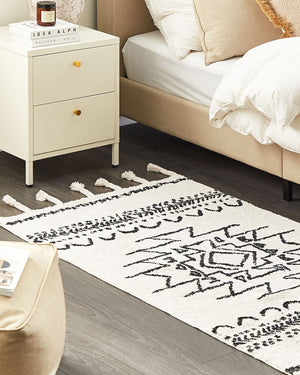 Tappeto nero e bianco sporco cotone 80 x 150 cm motivo geometrico nappe moderno orientale