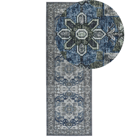 Tappeto passatoia grigio e blu poliestere 80 x 240 cm decorazioni orientali invecchiate per soggiorno camera da letto