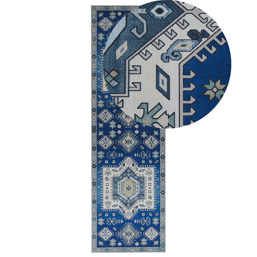 Tappeto passatoia blu poliestere 60 x 200 cm motivo geometrico fondo antiscivolo corridoio moderno