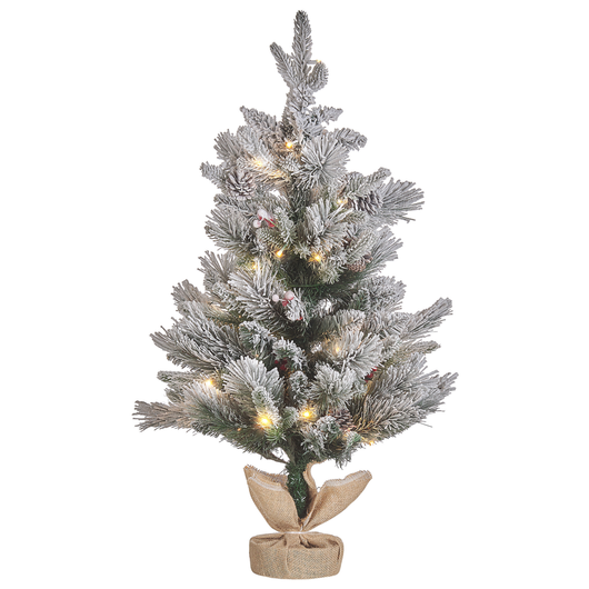 Albero di natale artificiale verde sintetico 90 cm pre illuminato innevato pre innevato con neve lucine a led pigne sacchetto di iuta