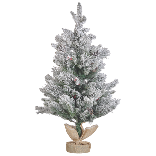 Albero di natale artificiale verde sintetico 90 cm pre illuminato innevato pre innevato con neve lucine a led pigne sacchetto di iuta