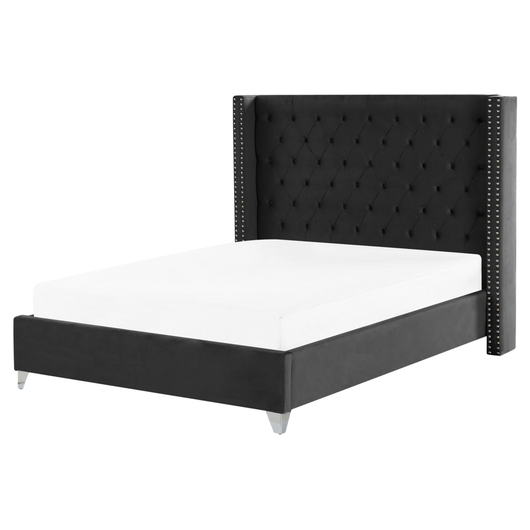 Letto a doghe velluto nero imbottito trapuntato poggiatesta 160 x 200 cm stile glamour elegante