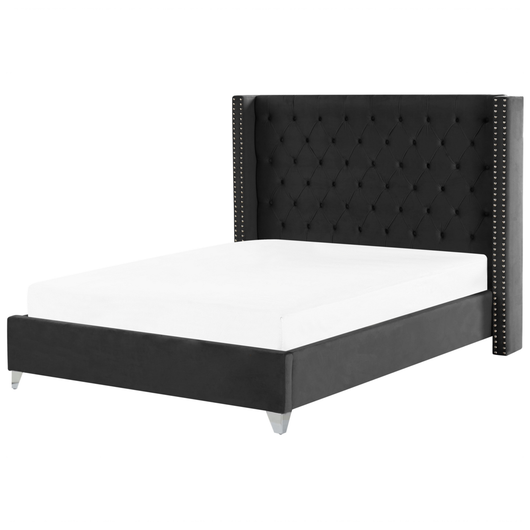 Letto a doghe velluto nero imbottito trapuntato poggiatesta 180 x 200 cm stile glamour elegante