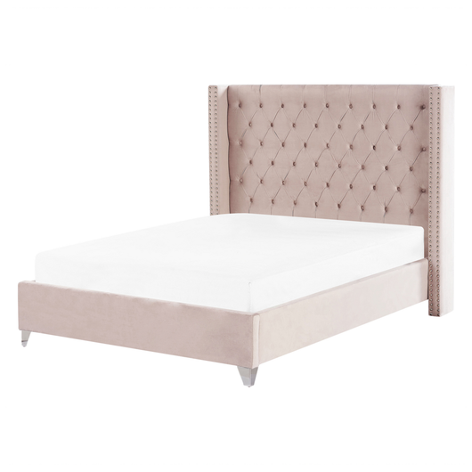 Letto matrimoniale a doghe velluto rosa imbottito trapuntato poggiatesta 140 x 200 cm stile glamour elegante