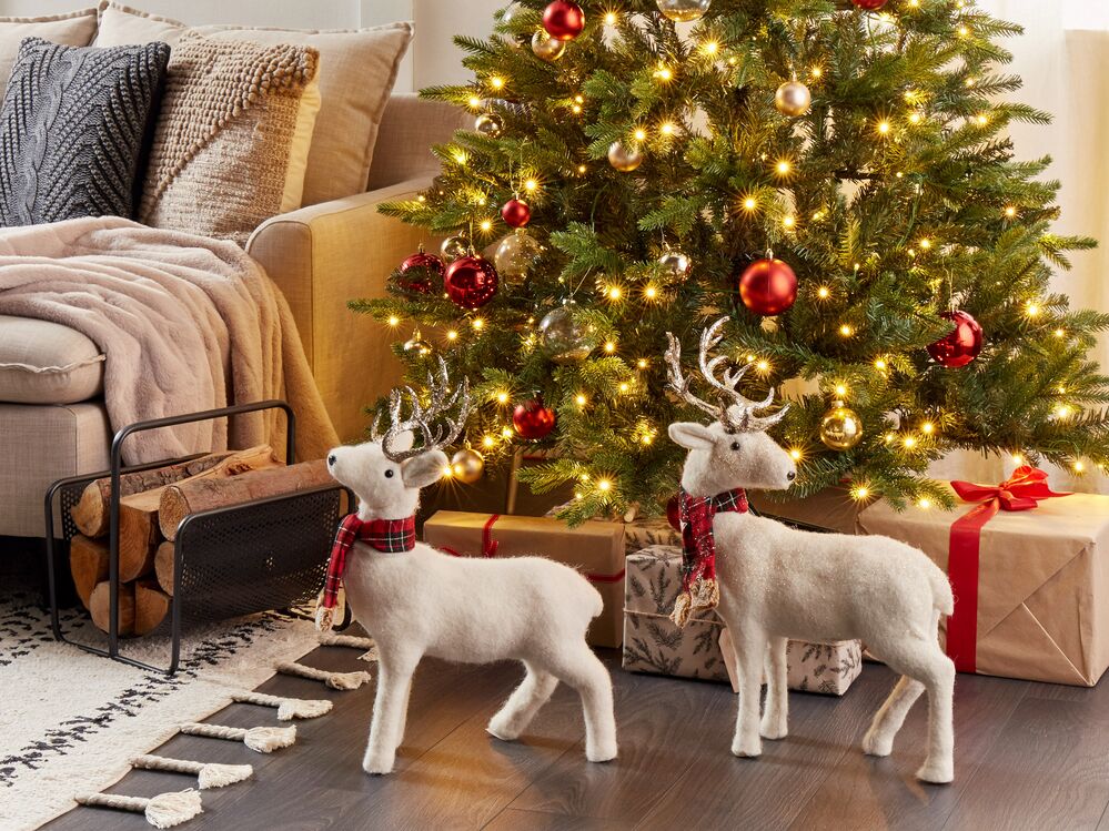 Figura decorativa renna ecopelle bianco argento rosso verde 51 cm natale soggiorno