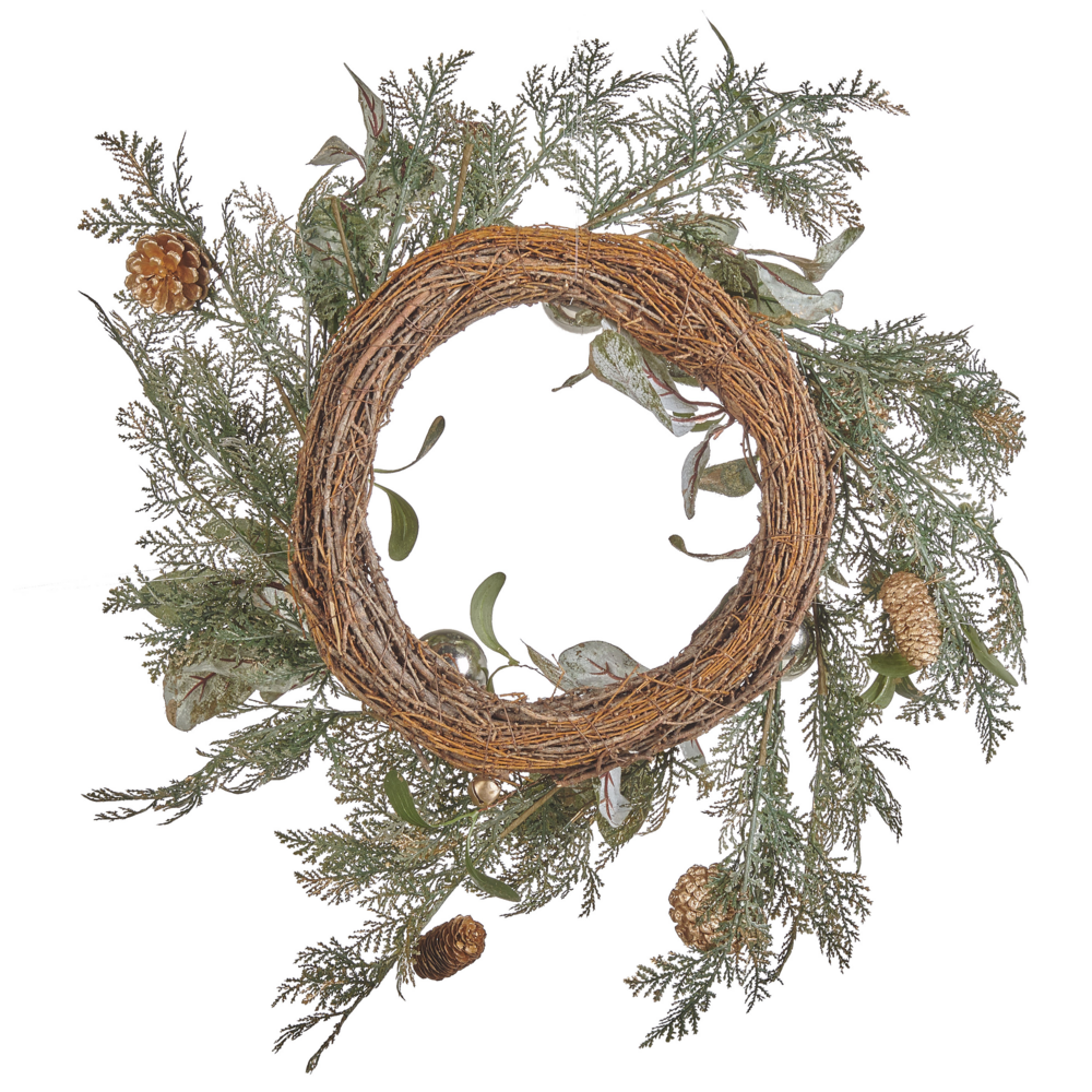 Ghirlanda di natale verde oro materiale sintetico 45 cm pigne palline di neve design tradizionale rotondo