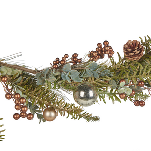 Festone di natale artificiale in materiale sintetico rame verde 150 cm con addobbi innevati