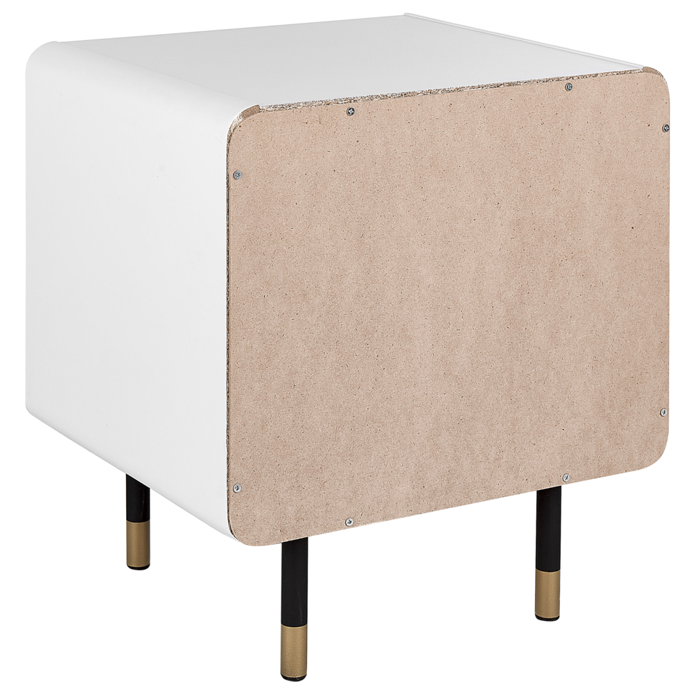 Comodino bianco con sportello a lamelle effetto legno scuro in stile rustico con due scomparti