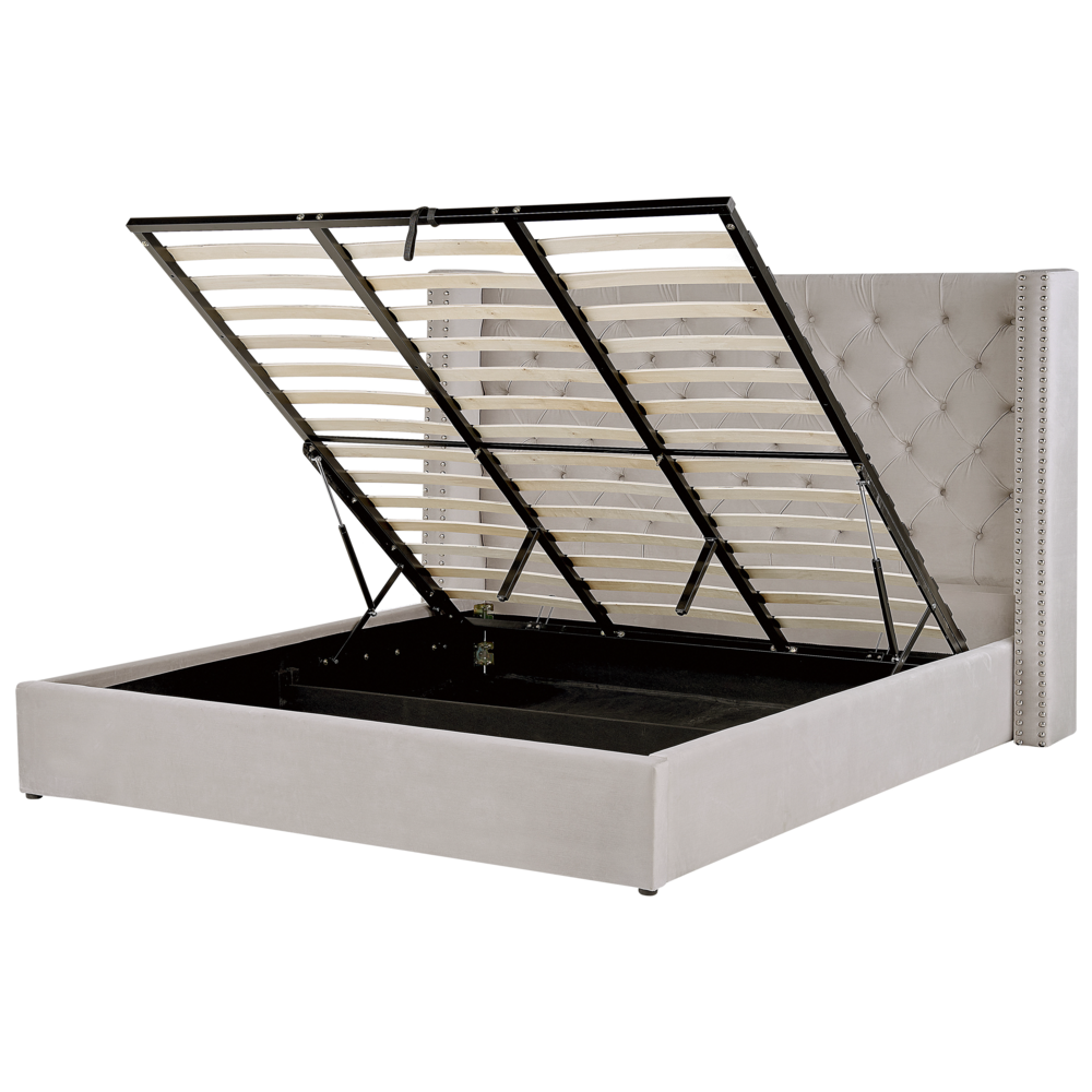 Letto contenitore velluto grigio chiaro e argento 180 x 200 cm glamour elegante