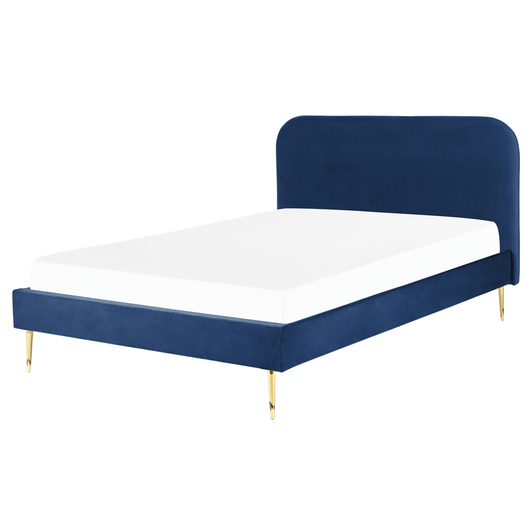 Letto blu marino velluto tappezzeria doppia dimensione gambe dorate testiera con rete a doghe 140 x 200 cm design minimalista