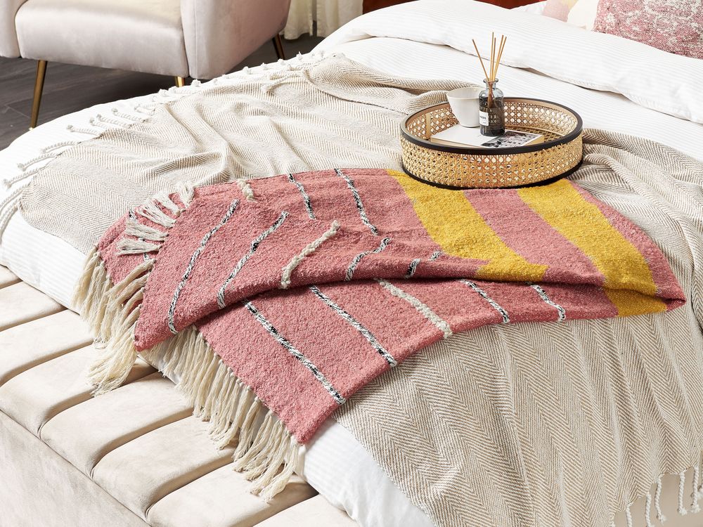 Coperta in cotone acrilico rosso chiaro giallo beige 130 x 170 cm motivo a righe nappe boho soggiorno camera da letto