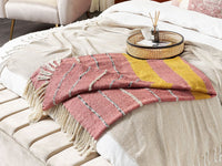 Coperta in cotone acrilico rosso chiaro giallo beige 130 x 170 cm motivo a righe nappe boho soggiorno camera da letto