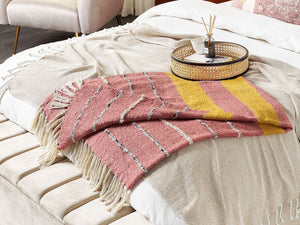 Coperta in cotone acrilico rosso chiaro giallo beige 130 x 170 cm motivo a righe nappe boho soggiorno camera da letto