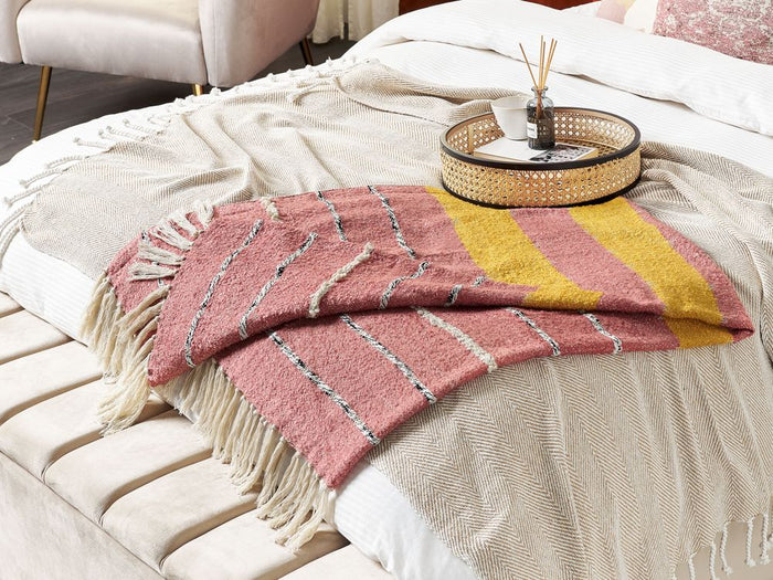 Coperta in cotone acrilico rosso chiaro giallo beige 130 x 170 cm motivo a righe nappe boho soggiorno camera da letto
