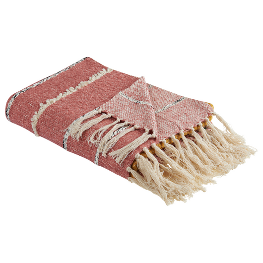 Coperta in cotone acrilico rosso chiaro giallo beige 130 x 170 cm motivo a righe nappe boho soggiorno camera da letto