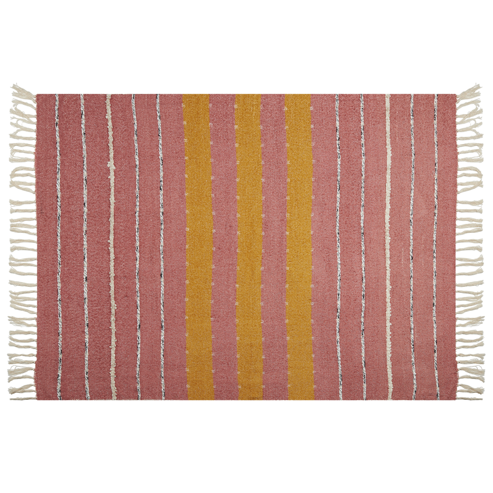 Coperta in cotone acrilico rosso chiaro giallo beige 130 x 170 cm motivo a righe nappe boho soggiorno camera da letto