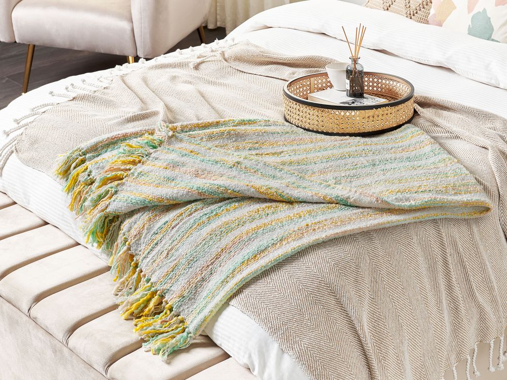 Coperta in acrilico giallo verde menta beige 130 x 170 cm motivo a strisce nappe soggiorno boho