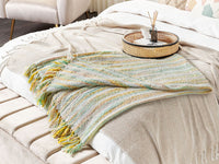 Coperta in acrilico giallo verde menta beige 130 x 170 cm motivo a strisce nappe soggiorno boho