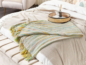 Coperta in acrilico giallo verde menta beige 130 x 170 cm motivo a strisce nappe soggiorno boho