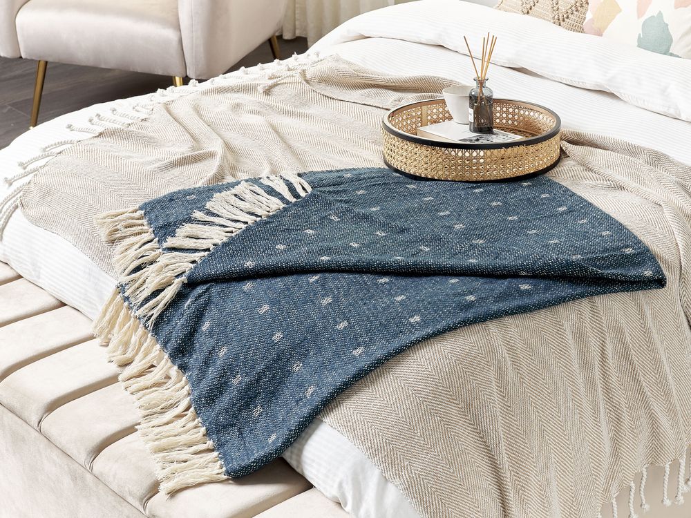 Coperta in cotone acrilico blu scuro 130 x 170 cm motivo astratto nappe boho soggiorno camera da letto