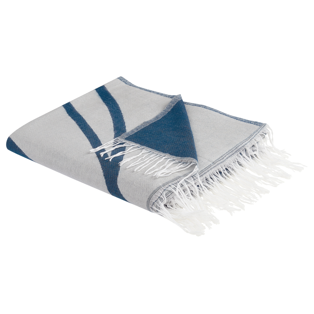 Coperta in acrilico e poliestere blu e bianco 130 x 170 cm motivo astratto nappe boho soggiorno camera da letto