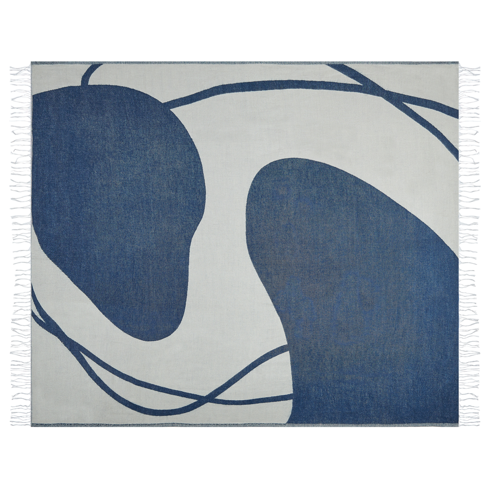 Coperta in acrilico e poliestere blu e bianco 130 x 170 cm motivo astratto nappe boho soggiorno camera da letto