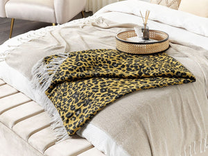 Coperta in acrilico e poliestere marrone e nero 130 x 170 cm motivo leopardo nappe boho soggiorno camera da letto