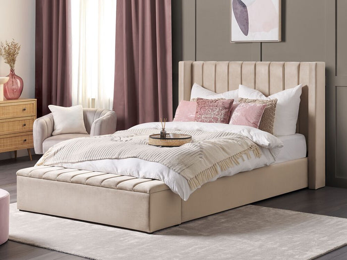 Letto velluto di colore beige rete a doghe e cassapanca 160 x 200 cm stile moderno glam