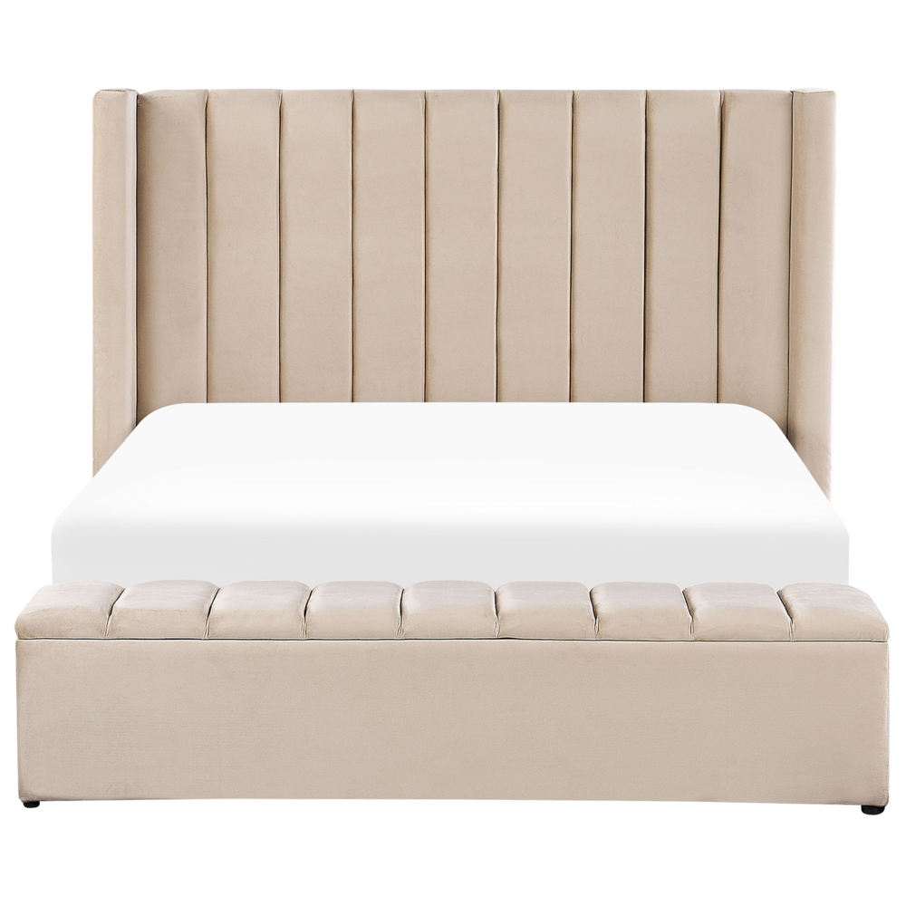 Letto velluto di colore beige rete a doghe e cassapanca 160 x 200 cm stile moderno glam