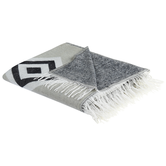 Coperta in acrilico grigio nero bianco 130 x 170 cm copriletto motivo geometrico con frange soggiorno camera da letto