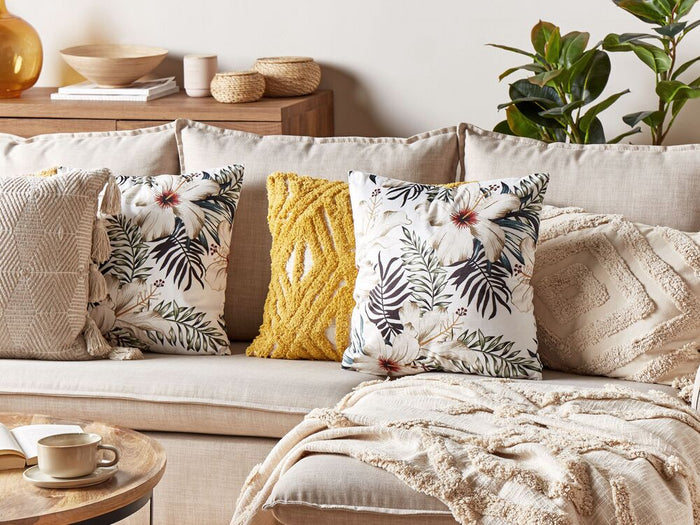 Cuscino in velluto verde crema 45 x 45 cm motivo foglie stile boho soggiorno camera da letto