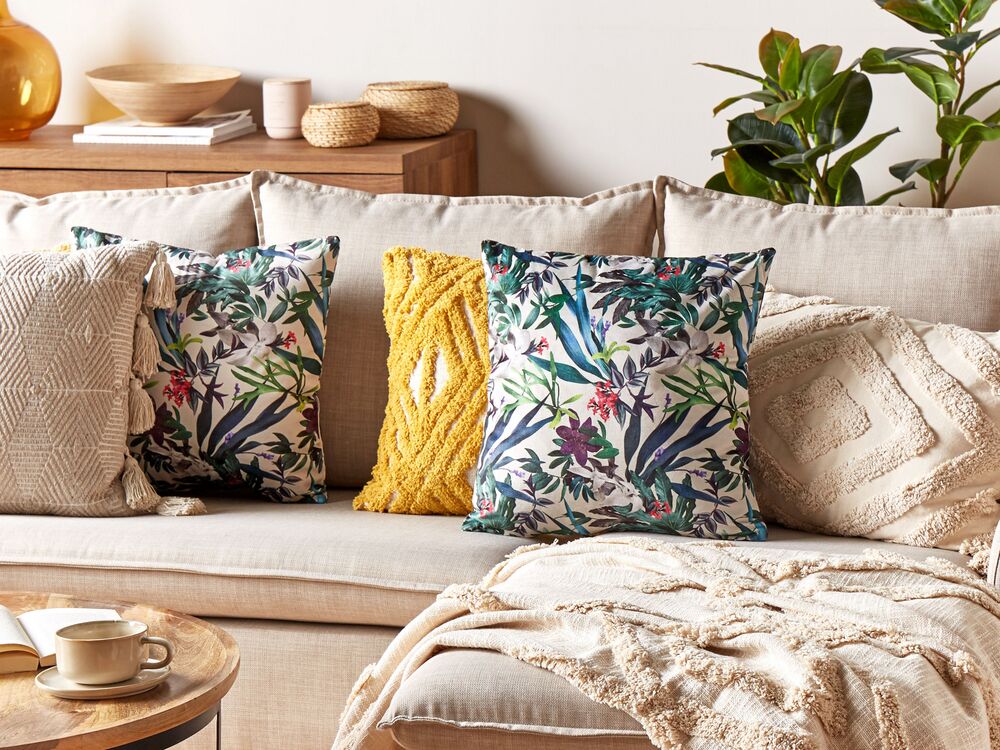 Set di 2 cuscini in velluto verde crema 45 x 45 cm motivo foglie stile boho soggiorno camera da letto