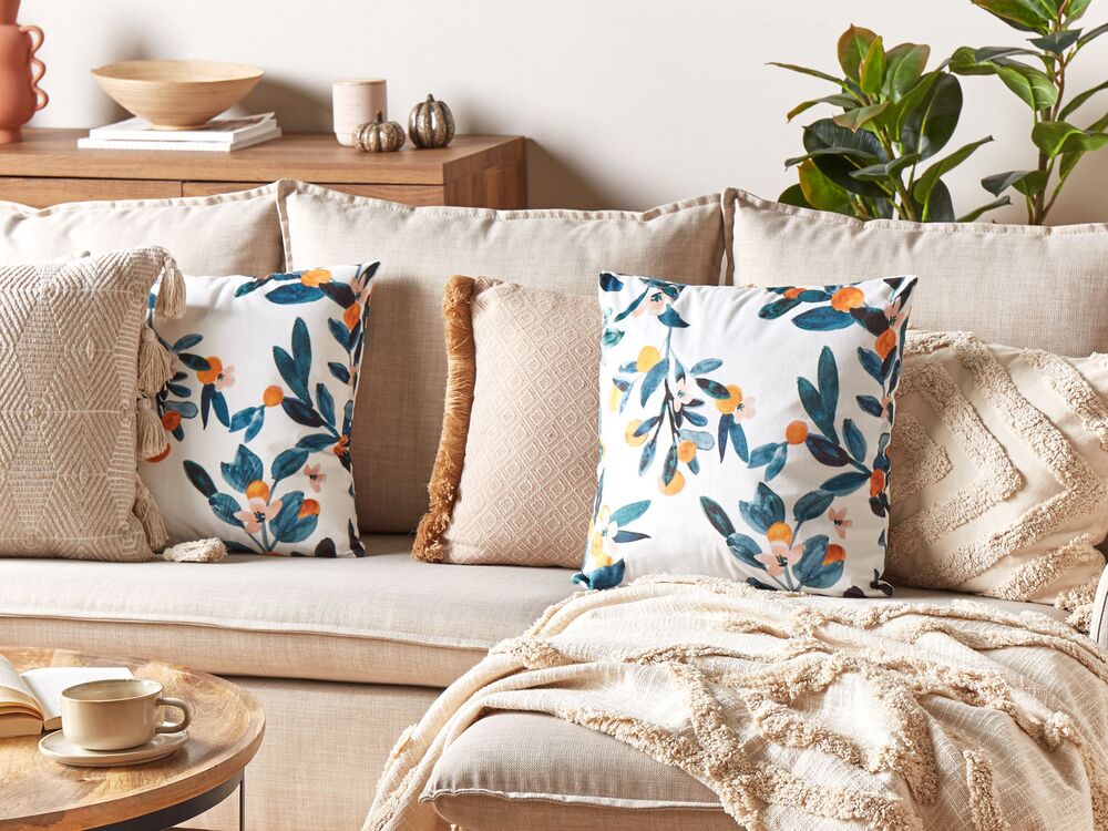 Set di 2 cuscini in velluto giallo verde acqua 45 x 45 cm con motivo a foglie boho