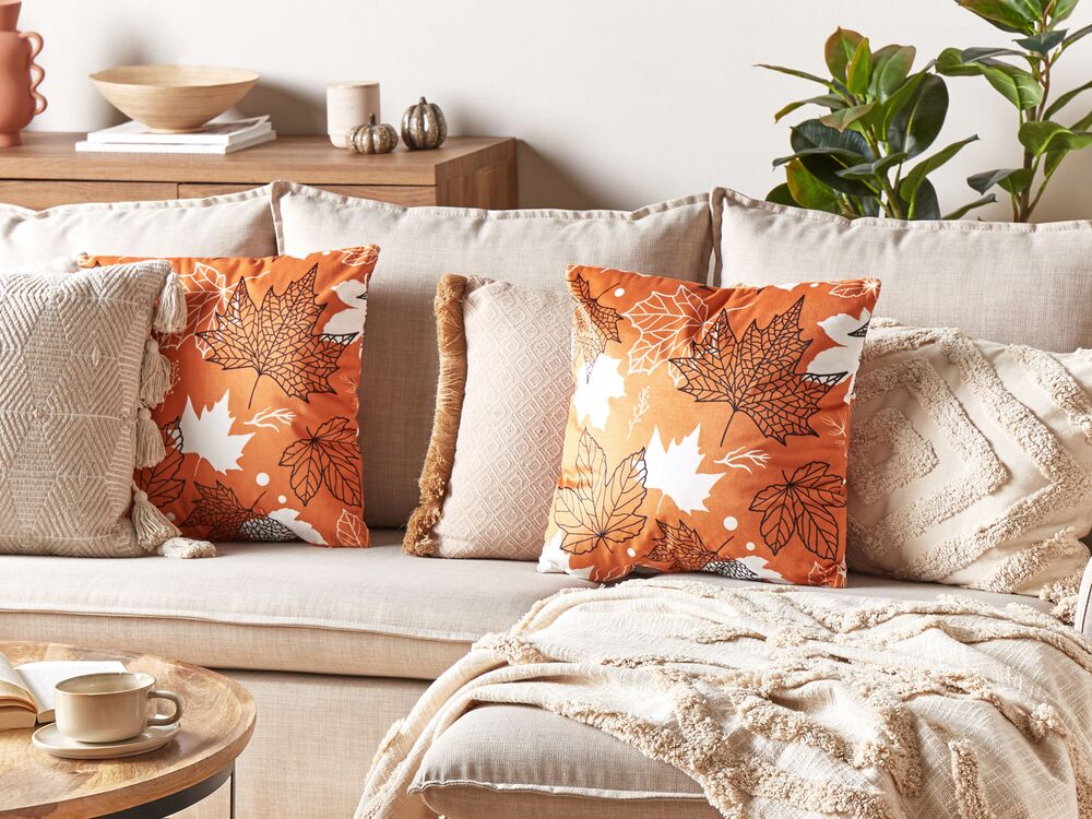 Cuscino in velluto arancione bianco nero 45 x 45 cm accessorio boho motivo foglia