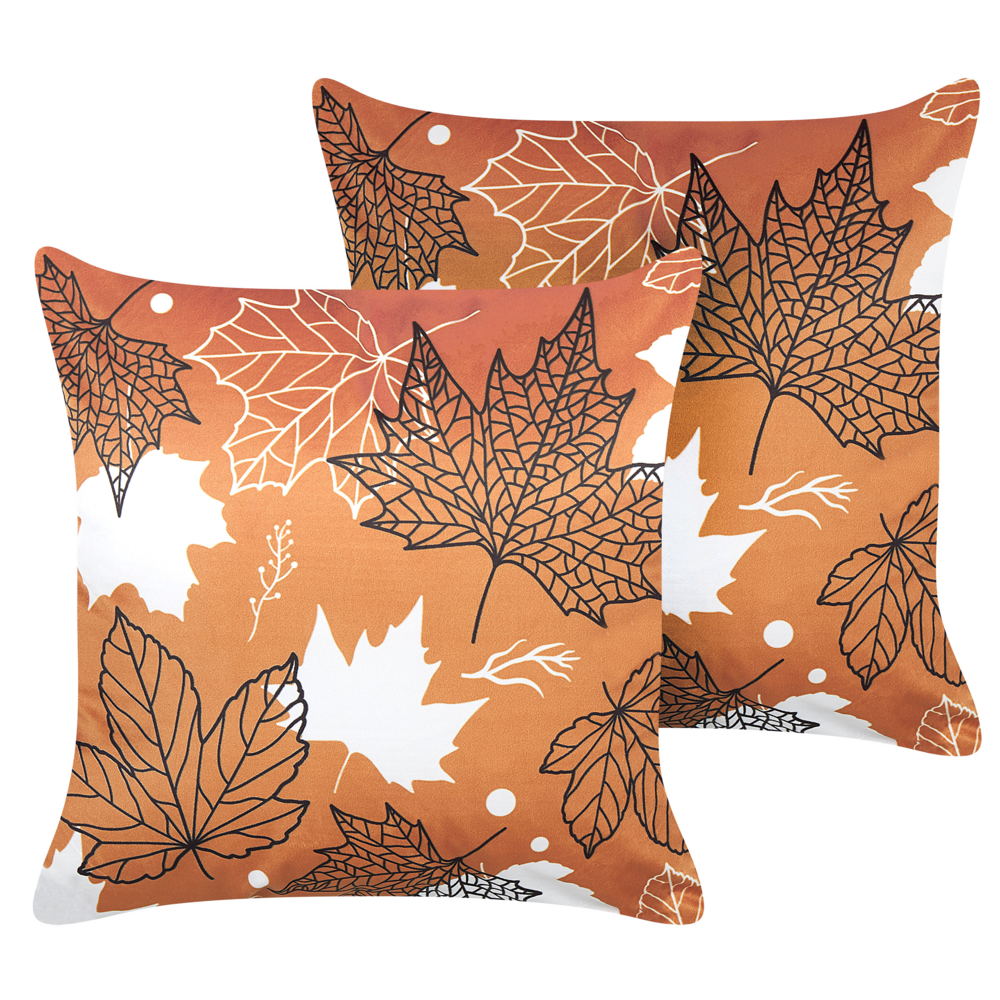 Set di 2 cuscini in velluto nero bianco arancione 45 x 45 cm accessorio boho motivo foglia