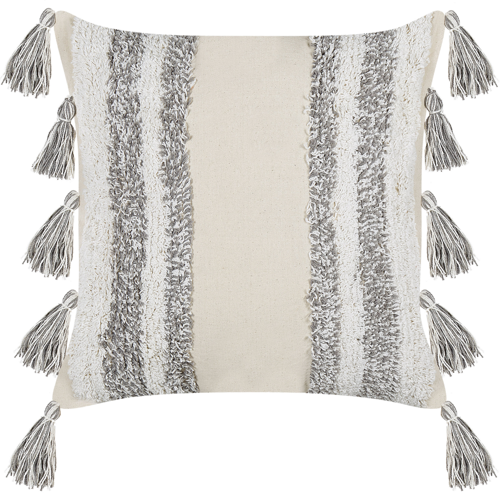 Cuscino decorativo cotone beige e grigio 45 x 45 cm con motivo a righe con nappe
