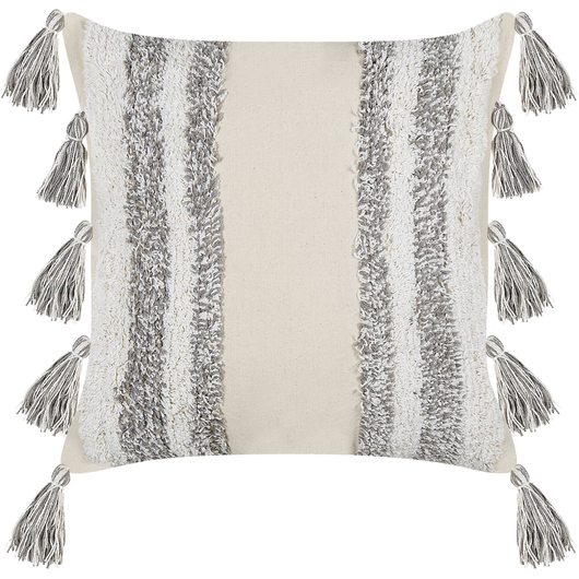 Cuscino decorativo cotone beige e grigio 45 x 45 cm con motivo a righe con nappe