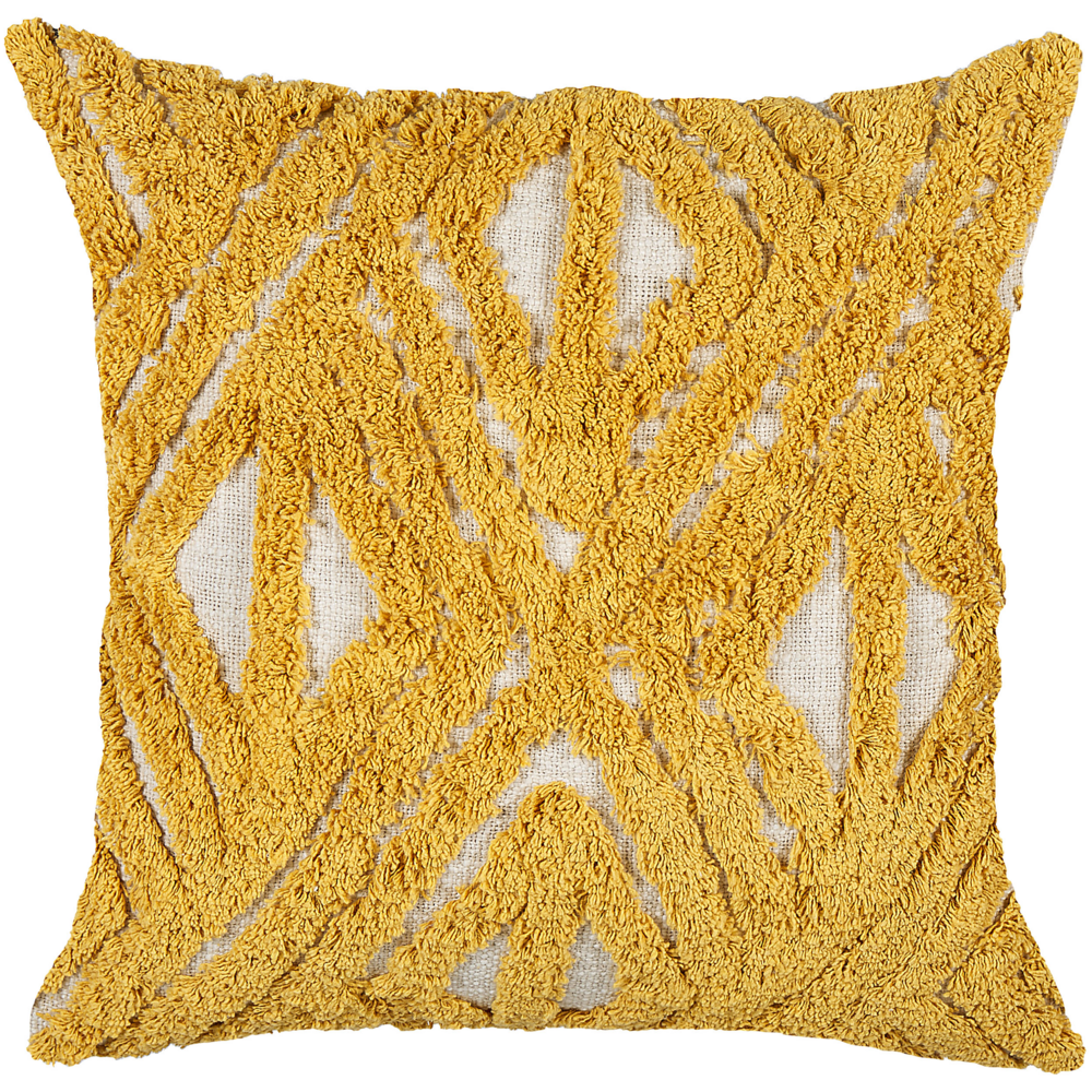 Cuscino decorativo giallo cotone 45 x 45 cm motivo geometrico fiammato trapuntato ricamato rivestimenti sfoderabili con imbottitura boho style