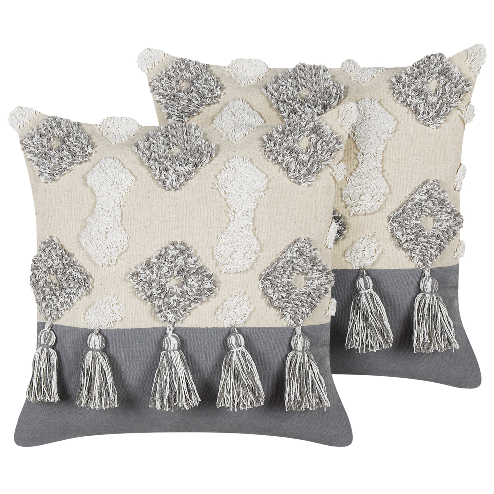 Set di 2 cuscini decorativi bianco e grigio cotone 45x45 cm con nappe motivo rombi