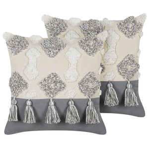 Set di 2 cuscini decorativi bianco e grigio cotone 45x45 cm con nappe motivo rombi