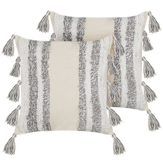 Set di 2 cuscini decorativi cotone bianco e grigio 45x45 cm con motivo a righe nappe