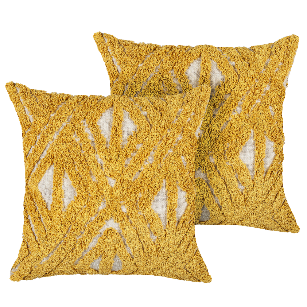 Set di 2 cuscini decorativi cotone fiammato giallo 45 x 45 cm motivo geometrico trapuntato ricamato sfoderabile con imbottitura boho style