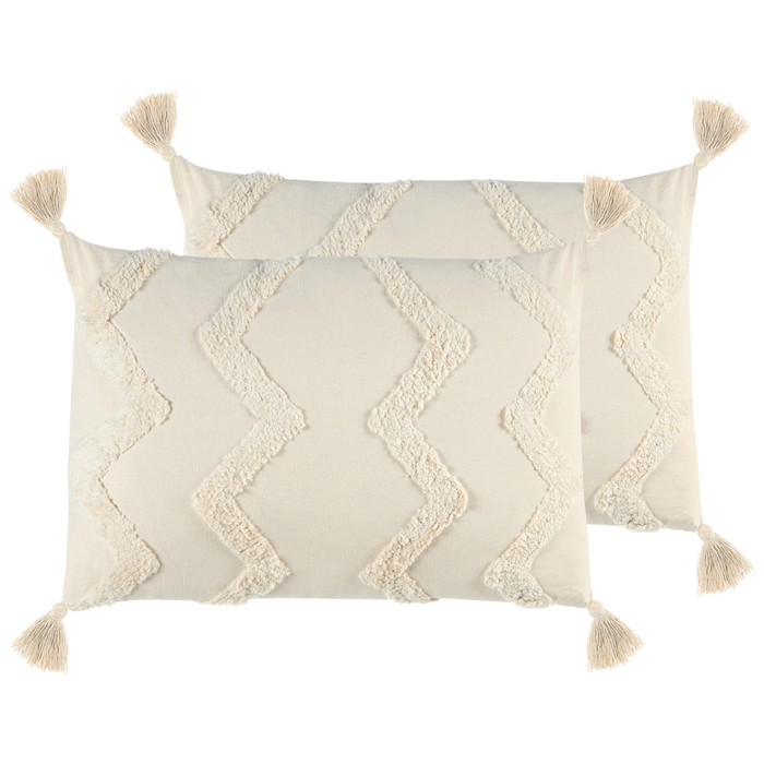 Set di 2 cuscini decorativi cotone beige 40 x 60 cm con nappe motivo boho chevron