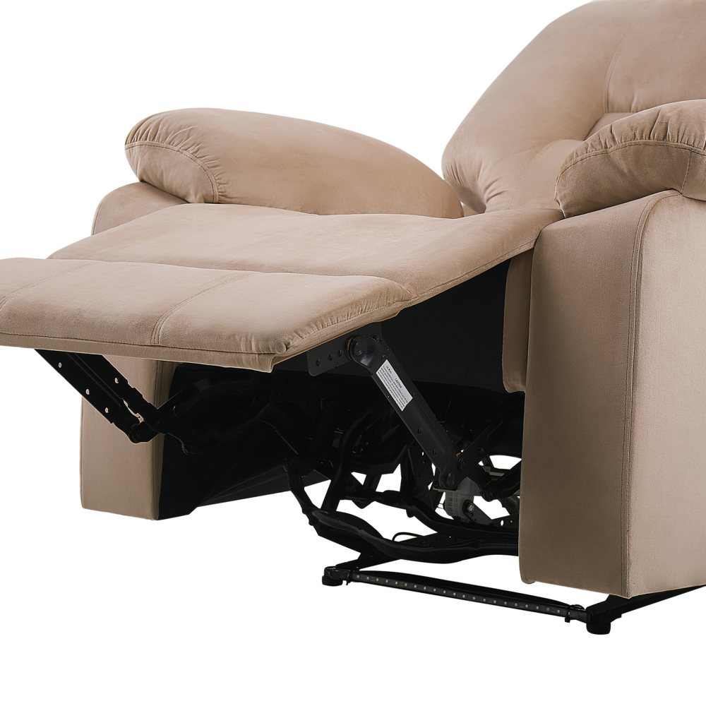 Poltrona in velluto di colore beige con LED e porta USB regolabile elettronicamente