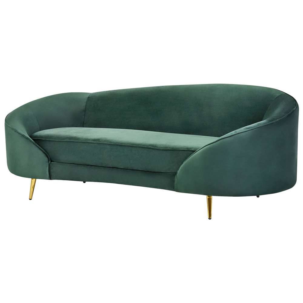 Divano velluto verde smeraldo curvo stile retrò a 3 posti gambe metallo dorato