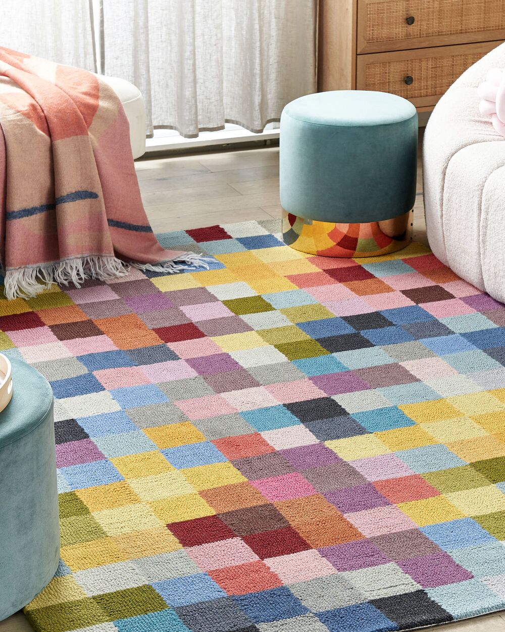 Tappeto multicolore lana trapuntato a mano motivo geometrico 200 x 200 cm patchwork boho soggiorno camera da letto