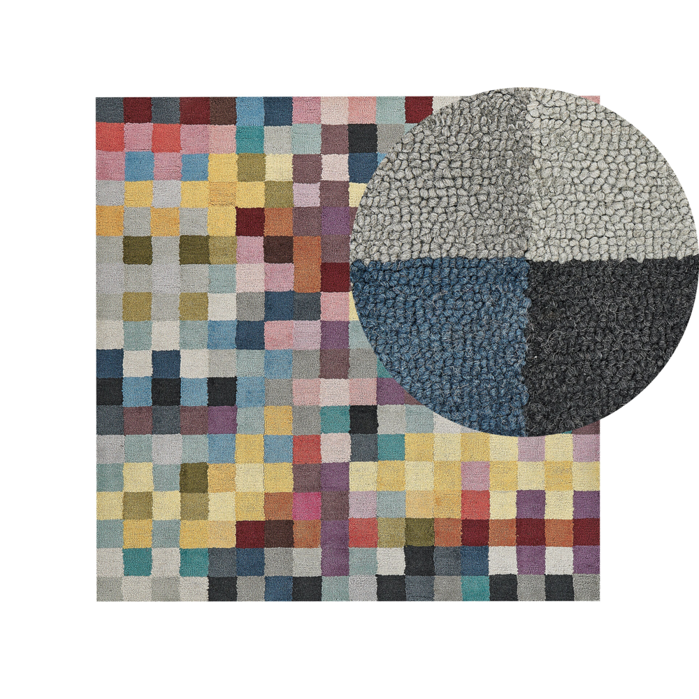 Tappeto multicolore lana trapuntato a mano motivo geometrico 200 x 200 cm patchwork boho soggiorno camera da letto
