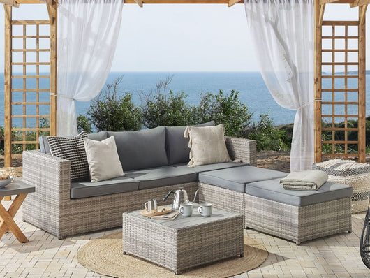 Set salotto da giardino marrone bianco cuscini Rattan Sintetico per 2 persone Set da esterno 3 pezzi con tavolino destro